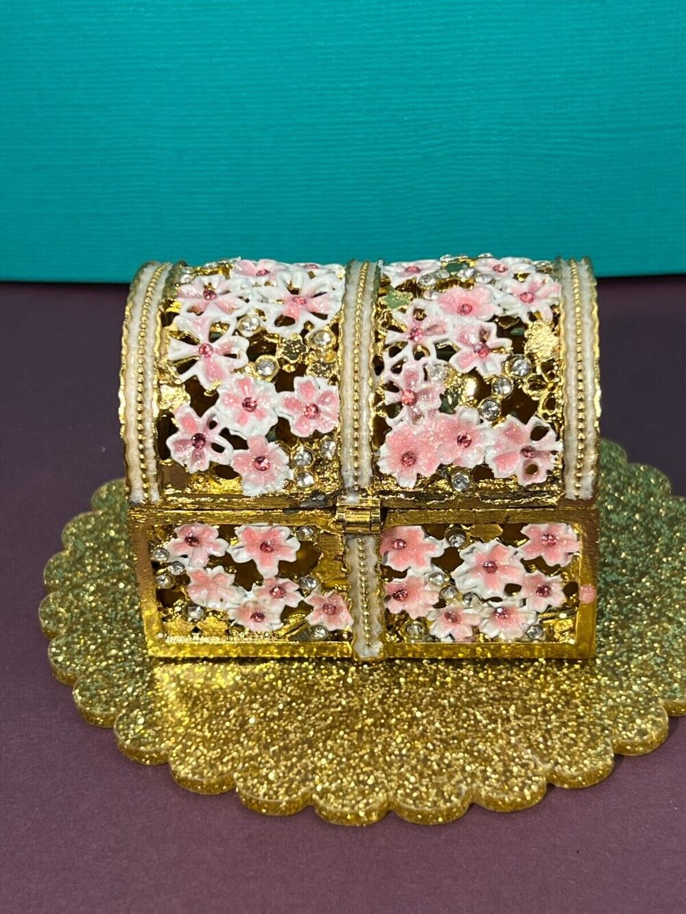 Miniature Trinket Box / Treasure Chest Gold w/ Pink Flowers